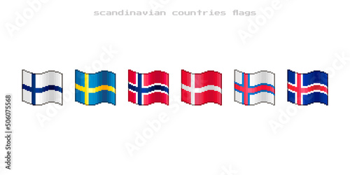 colorful simple vector flat pixel art set of flowing flags of scandinavian countries and Faroe Islands
