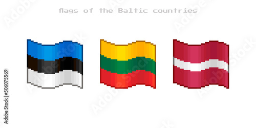 colorful simple vector flat pixel art set of flowing flags of the Baltic Countries