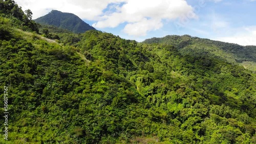 A descending drone footage from tropical highlands of Philippines, on a bright, sunny day. Shot at the heights of Mount Talinis (Valencia, Negros Oriental, Central Visayas).