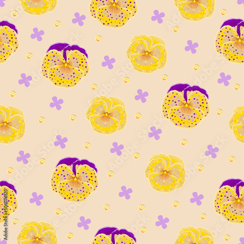 Yellow and violet pansies, seamless pattern