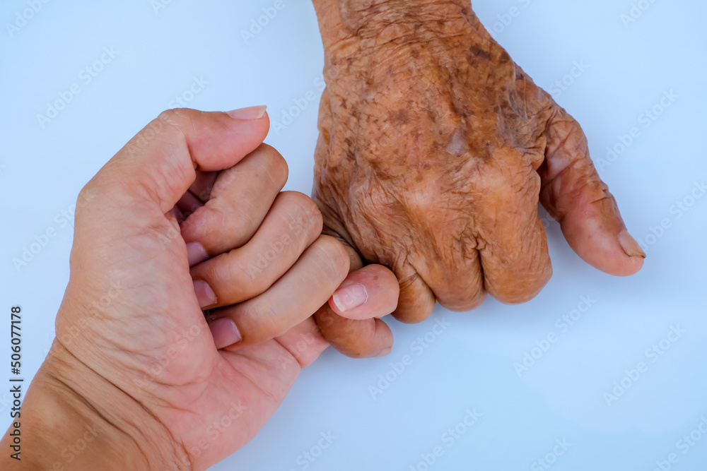 Old woman and young man making pinky swear on isolated background use for valentine concept and family day background