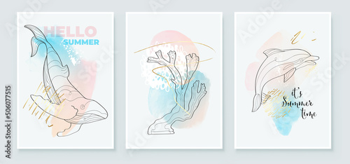 Summer tropical wall arts background. Underwater sea, whale and dolphin line arts, Watercolor background design for wall framed prints, canvas prints, poster, home decor, t shirt, wallpaper
