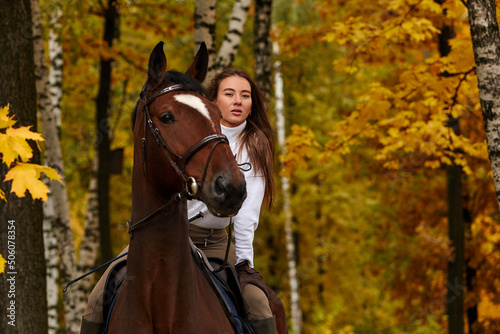 Autumn landscape, beautiful brunette girl with long hair posing with a red horse in the forest.