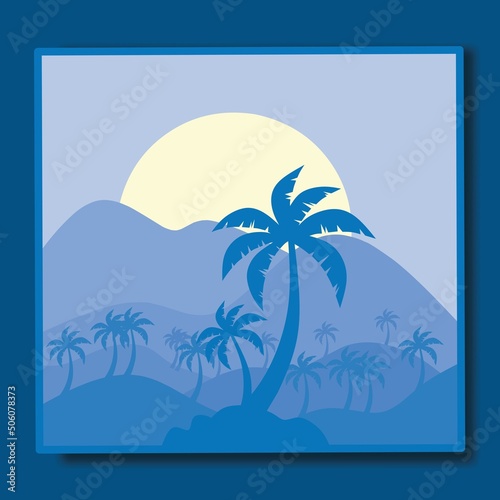natural scenery illustration design template  with a combination of mountains and coconut trees
