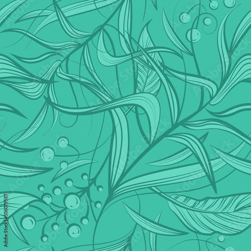 Floral seamless pattern with mint green flowers, leaf, berries. Vector line art for luxury invitation design, fashion, textile, greeting cards, gift wrapping paper, scrapbooking. Green background