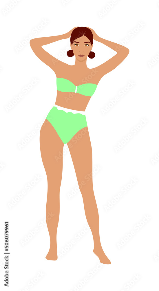 Beautiful young woman in a green mint swimsuit on a white background Beautiful young woman in a green mint swimsuit on a white background