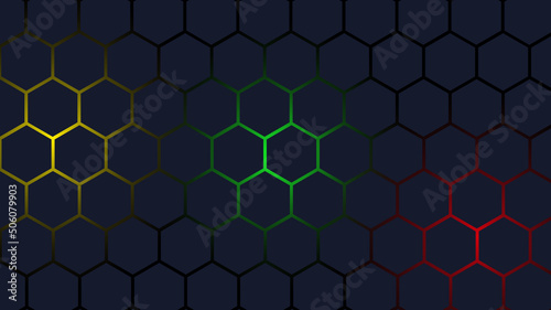 Abstract hexagonal metal background with red green and yellow light. grey and red hexagons modern background, background shapes, illustration, vector