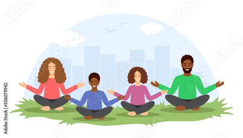 A multiethnic family meditating together in a lotus position on the grass with a city behind. Vector illustration in flat style
