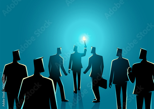 Businessman with torch leading another businessmen behind him