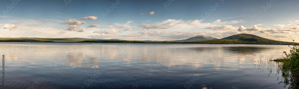 Southern Urals, Ural Mountains, Zyuratkul National Park. Panorama of Zyuratkul Lake.