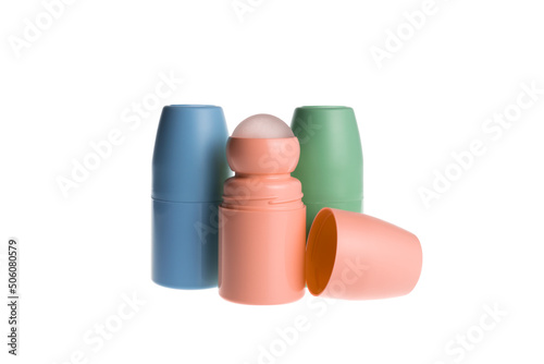 Antiperspirant deodorant roll-on bottles  in assortment. Object isolated on white background.