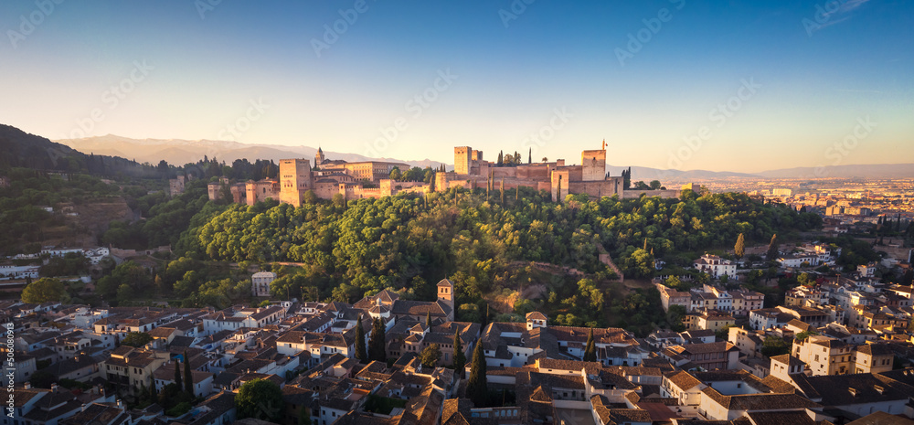 Panoramic view of Alhambra de Granada at Sunrise, Andalusia, Spain