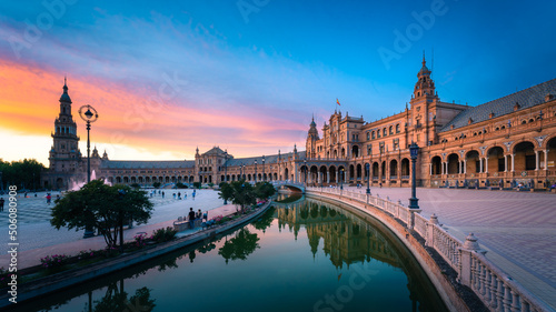 Plaza de España in Seville with Dramatic Colorful Clouds at Sunset