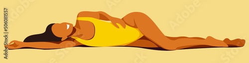 vector image of a beautiful tanned girl in a yellow swimsuit is sunbathing on the beach with hair scattered on the sand. useful for summer holidays, resorts, beaches, vacations, hotels, flyers, cards.