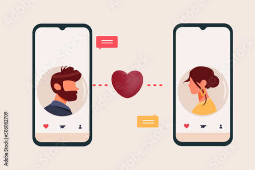 Dating app Flat Design Concept, Male and Female Sending Message with Smartphone in Dating App Vector Illustration