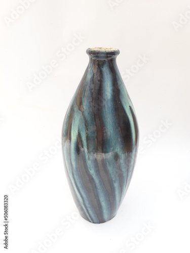 Mid-century modern pottery - black vase with blue stripes