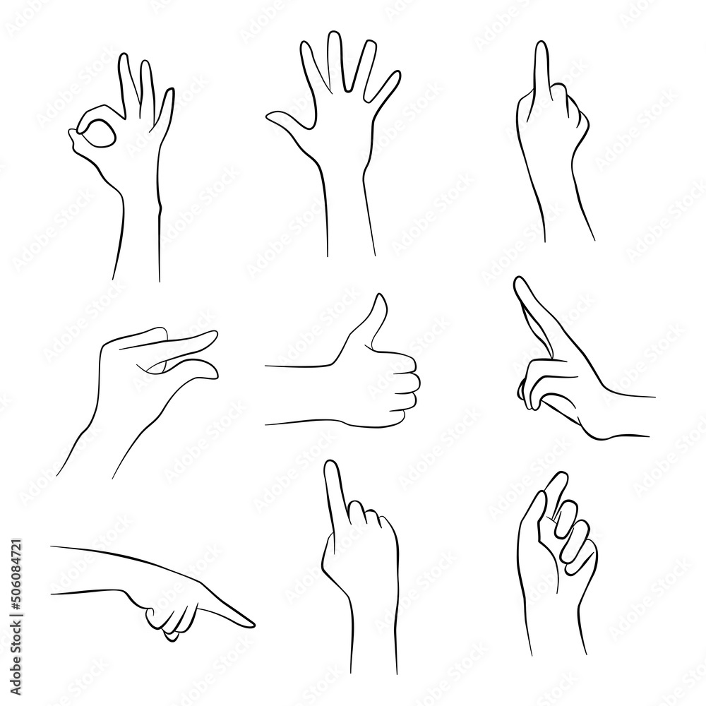 Hands set elements pose. Make a symbolic gesture ok, spread out hand, point, hand pinch, great, V sign side facing. Vector illustration. Hands set elements pose. Make a symbolic gesture ok, spread out hand, point, hand pinch, great, V sign side facing. Vector illustration.