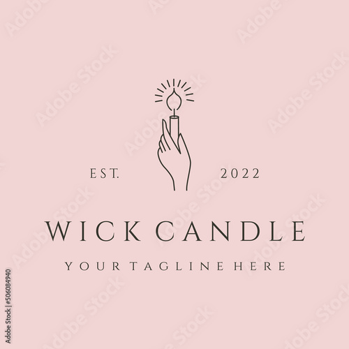 wick candle with hand line art logo vector symbol illustration design