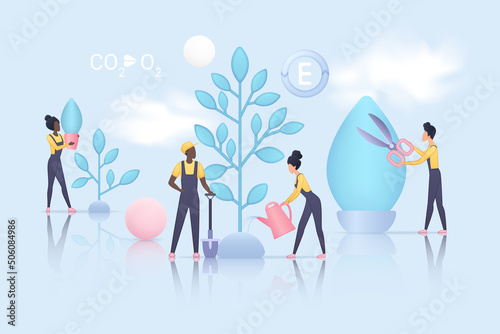 People save environment of planet, reduce global climate change. Tiny activists plant and care tree, warning about CO2 emission flat vector illustration. Reforestation, photosynthesis, ecology concept