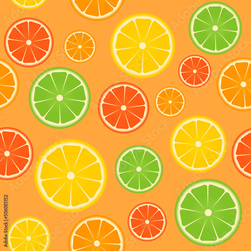 Colorful citrus seamless pattern. Slices of lime, lemon, grapefruit on orange background. Fresh juicy fruits. Vector template for wrapping paper, fabric, textile, wallpaper, scrapbooking, etc