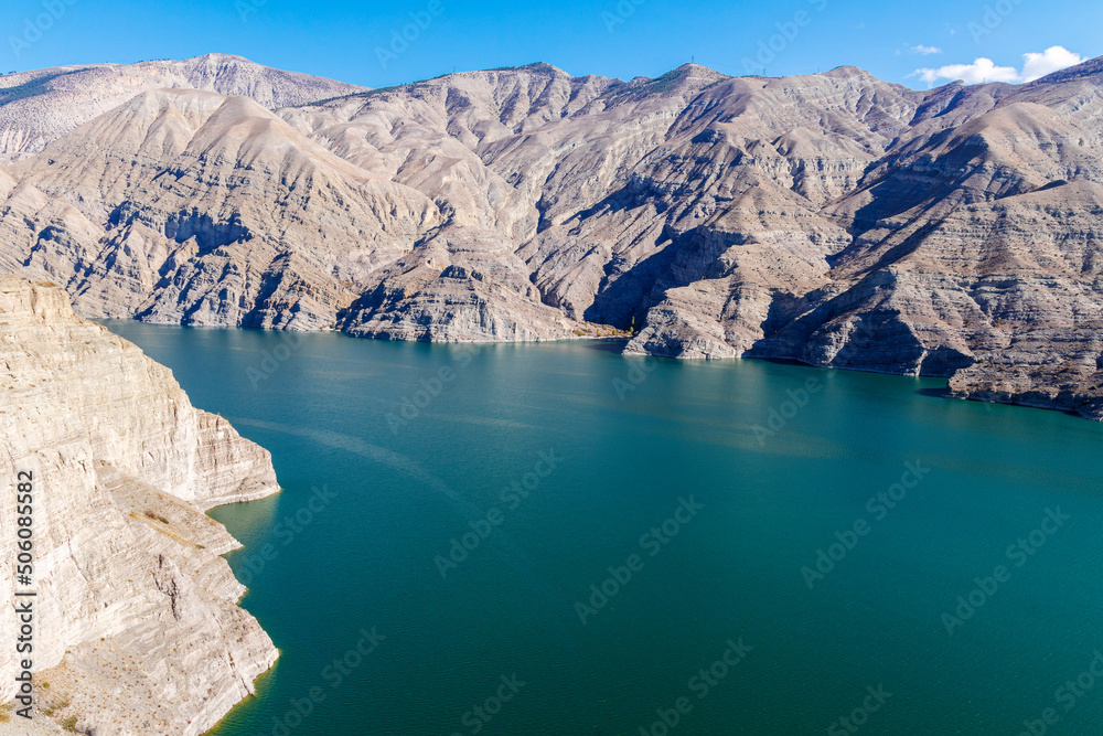 a dam lake formed between mountains