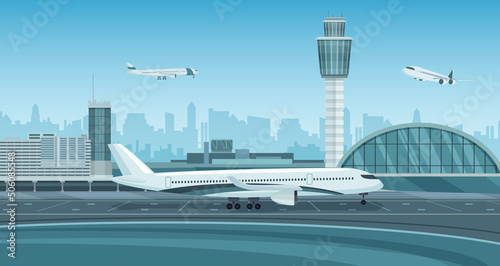 Monochrome mono color airport plane terminal landscape. Airport Terminal building with aircraft taking off vector illustration.