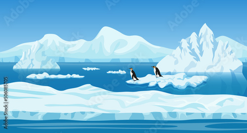 Foto Cartoon ice arctic nature winter landscape with iceberg, snow mountains hills an