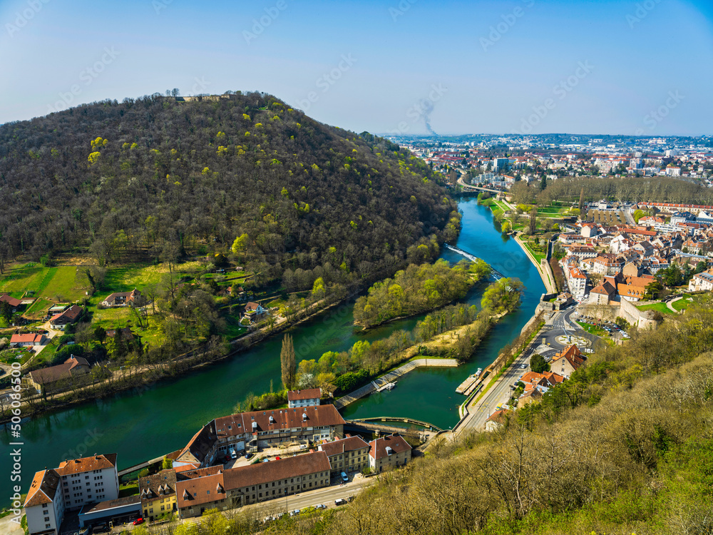 Besancon river horseshoe and the old city on the river side in Burgundy France