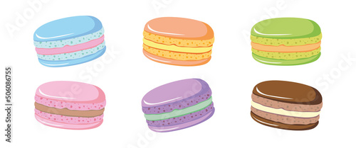 Set of cute French macaroon with different filling. Traditional macaron dessert. Little French cakes. Sweet cookies food illustration. Hand drawn cartoon flat vector illustration.