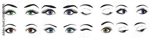 Fashion moda girl eye eyelash design. Female woman eyes and brows image collection set vector illustration