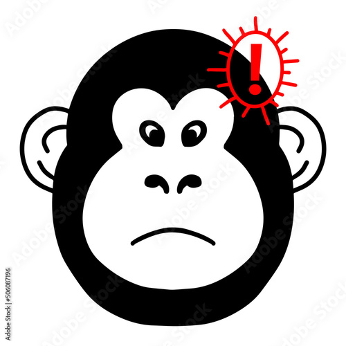 Vector illustration of monkey icon with red exclamation point - symbol of danger and alertness. new Monkeypox 2022 virus in simple flat style isolated on white background photo