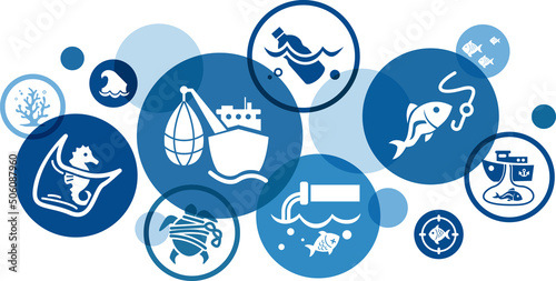 Ocean pollution & overfishing vector illustration. Blue concept related to plastic trash, waste & sewage / chemicals in oceans, dangers to marine life & aquatic ecosystem, commercial fishing.