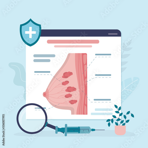 Infographic with structure of female mammary glands. Features of anatomy of breast of woman