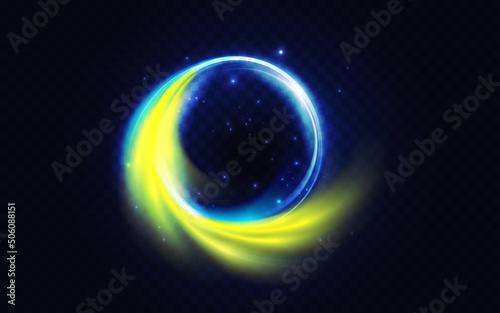 Yellow blue flare circle, glowing light effect vector illustration. Glow energy shape, abstract magic luminous swirls, fantasy round portal and glitter particle sparkles dark transparent background