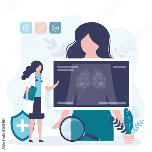 Girl makes chest x-ray to detect diseases. Mammalogist examines mammary glands of patient