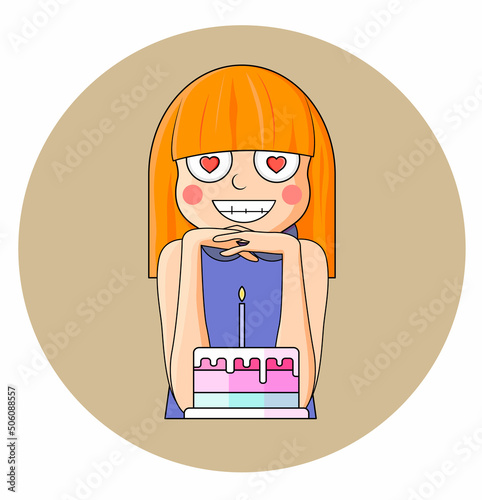 Happy Birthday card of cute girl with birthday cake.