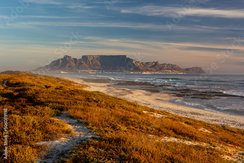 scenic view of landmark table mountain from Blouberg in tourist travel destination cape town south africa