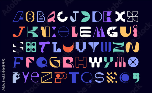 Large set of random letter shapes. English alphabet from geometric capital letters of eclectic shapes. Brutalism modern font type. Condensed and Bold font from geometric objects. 