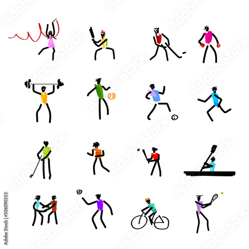 Set of hand drawn creativity about various sports players isolated on white background. Vector illustration of sports activities with abstract line art design.