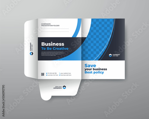 Business folder for files, presentation folder design. blue color, the layout is for posting Information about the comapany, corporate folder, text, modern, Creative.