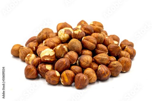 Hazelnut nuts isolated on white background. Organic nuts. close up