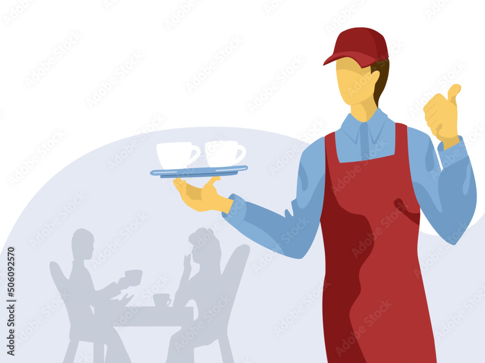 Catering service vector template. A young man in red uniform holding silver with cups. First job concept Catering service vector template. A young man in red uniform holding silver with cups. First job concept