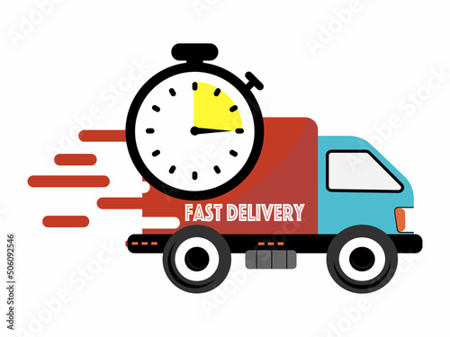Truck and vehicle for delivery and fast service. Transport for fast delivery and van for business transport. Illustration of a courier and deliver a package. Vector