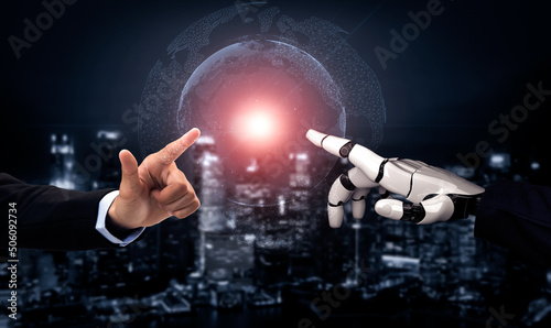 3D rendering artificial intelligence AI research of droid robot and cyborg development for future of people living. Digital data mining and machine learning technology design for computer brain.