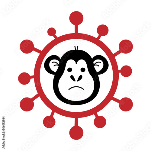 Vector illustration of monkey ape icon in red virus molecula- symbol of danger and alertness. Monkeypox 2022 virus concept in simple flat style isolated on white background.