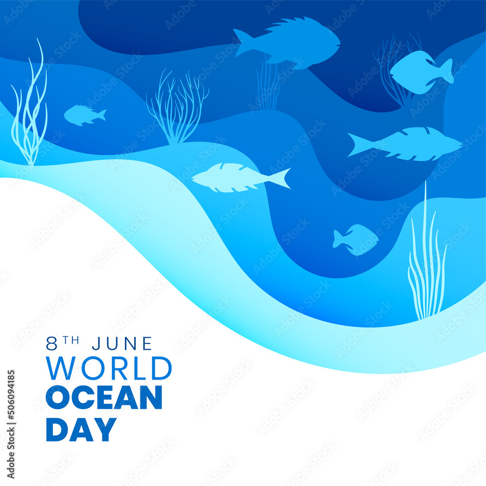 paper style world ocean day background with fishes and corel - obrazy, fototapety, plakaty 