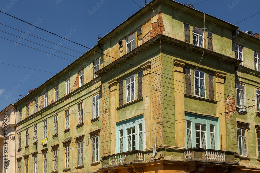 The facade of a historic tenement house. Lviv, Ukraine.