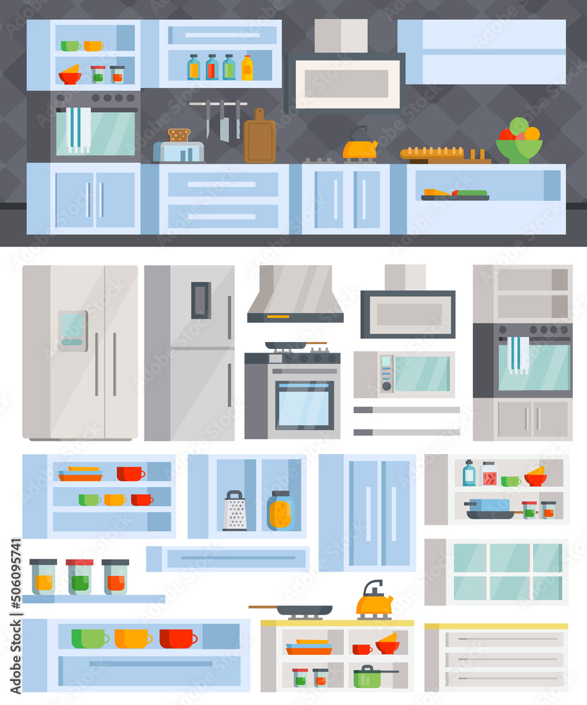 The concept of modern cuisine. A set of furniture, utensils, and kitchen appliances: cooker, hob, fridge, kettle, toaster, pots, plates. In today's orthogonal design. Vector illustration. The concept of modern cuisine. A set of furniture, utensils, and kitchen appliances: cooker, hob, fridge, kettle, toaster, pots, plates. In today's orthogonal design. Vector illustration.