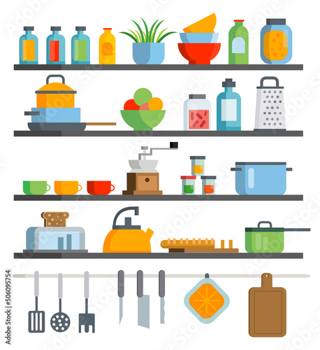 The concept of modern cuisine. A set of furniture, utensils, and kitchen appliances: cooker, hob, fridge, kettle, toaster, pots, plates. In today's orthogonal design. Vector illustration.