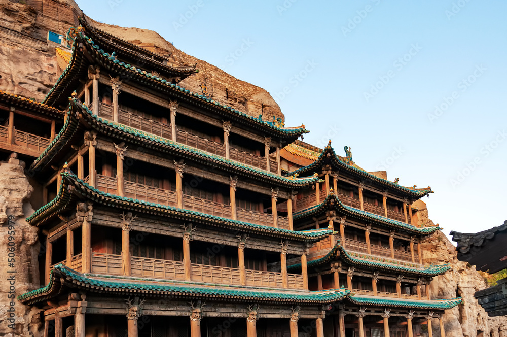 Hanging temple at Yungang Grottoes in Datong, Shanxi, China Hanging temple at Yungang Grottoes in Datong, Shanxi, China